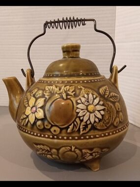 Vintage Japan Olive Green Floral Fruit Embossed Ceramic Teapot Handle 1960-1970